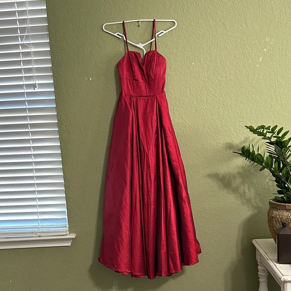 B Darlin Burgundy Spaghetti-Strap A-Line Prom Dress